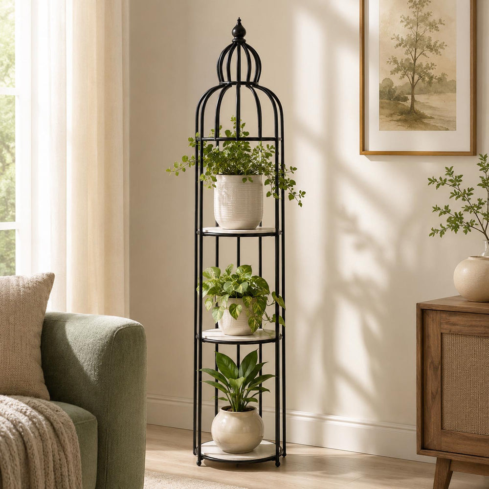 Bird Cage Shape Metal Planter Stand- Ivory & Black