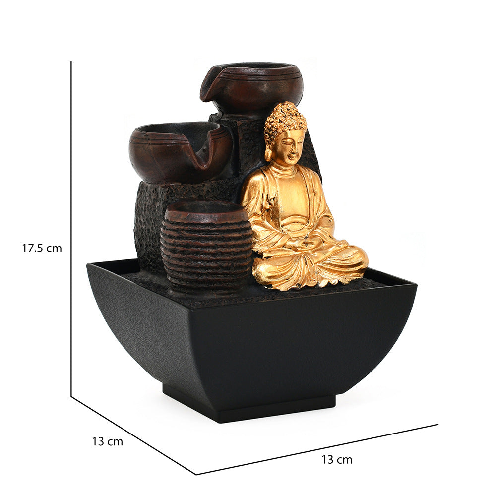 Meditating Buddha Polyresin Decorative Table Top Water Fountain with LED Light- Gold and Brown