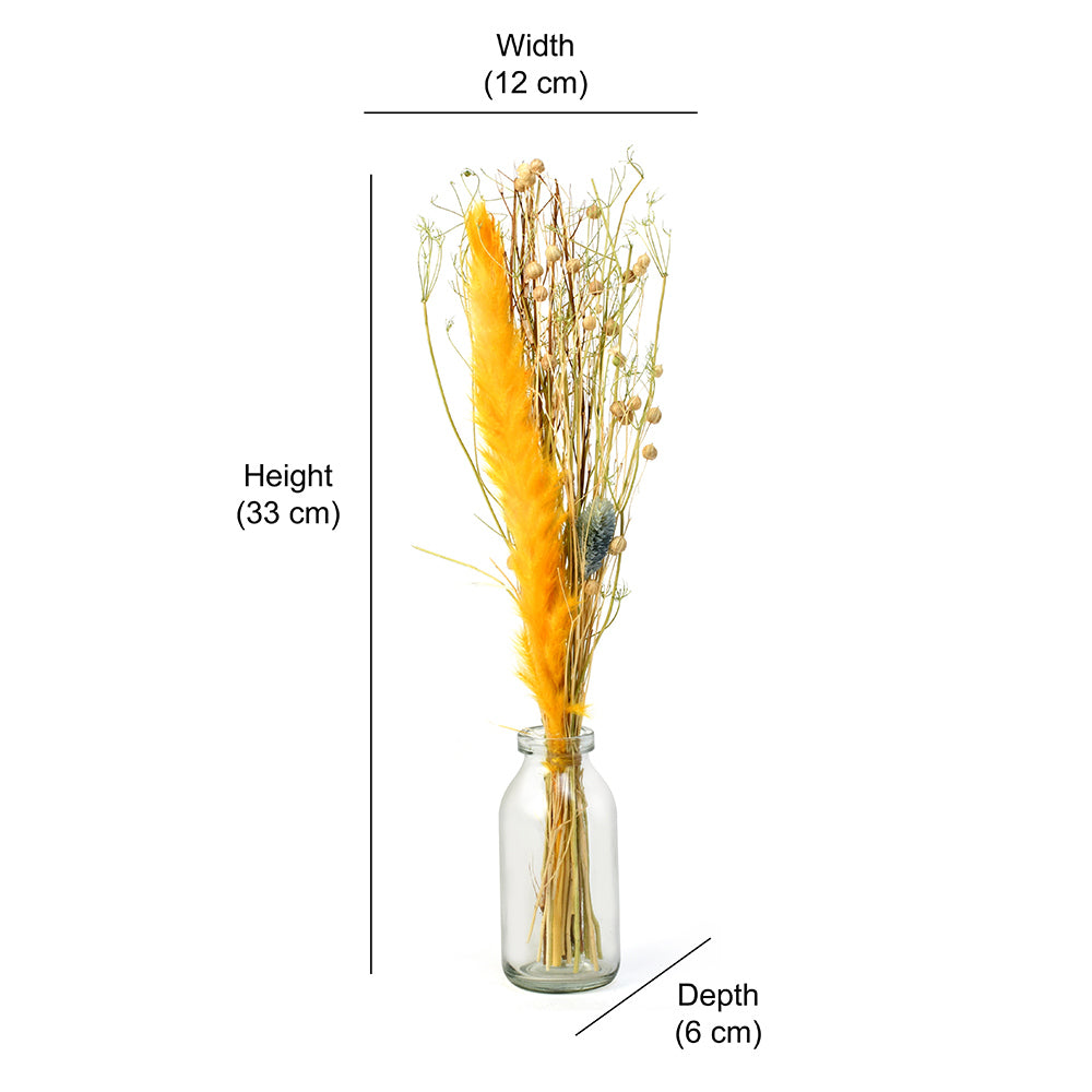 Arias by Lara Dutta Decorative Glass Vase with Dry Flowers- Transparent & Yellow