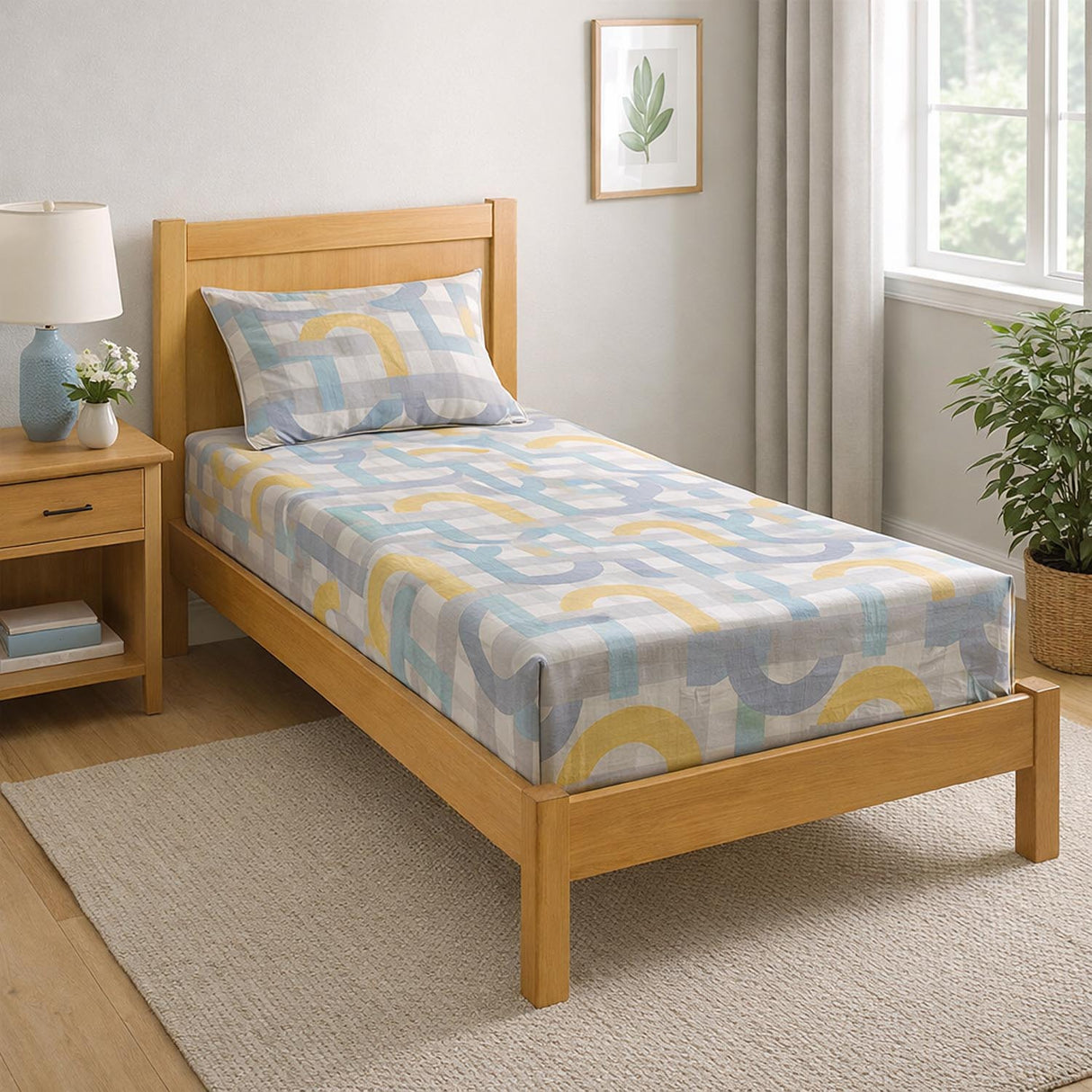 Geometric Arch Polyester Single Bedsheet with Pillow Cover- Multicolor