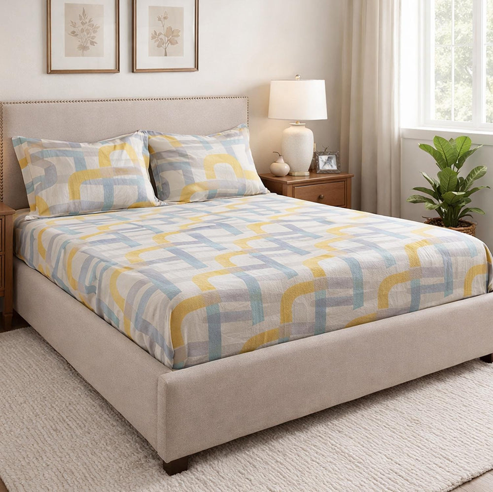 Geometric Arch Polyester Queen Bedsheet with Pillow Covers- Multicolor