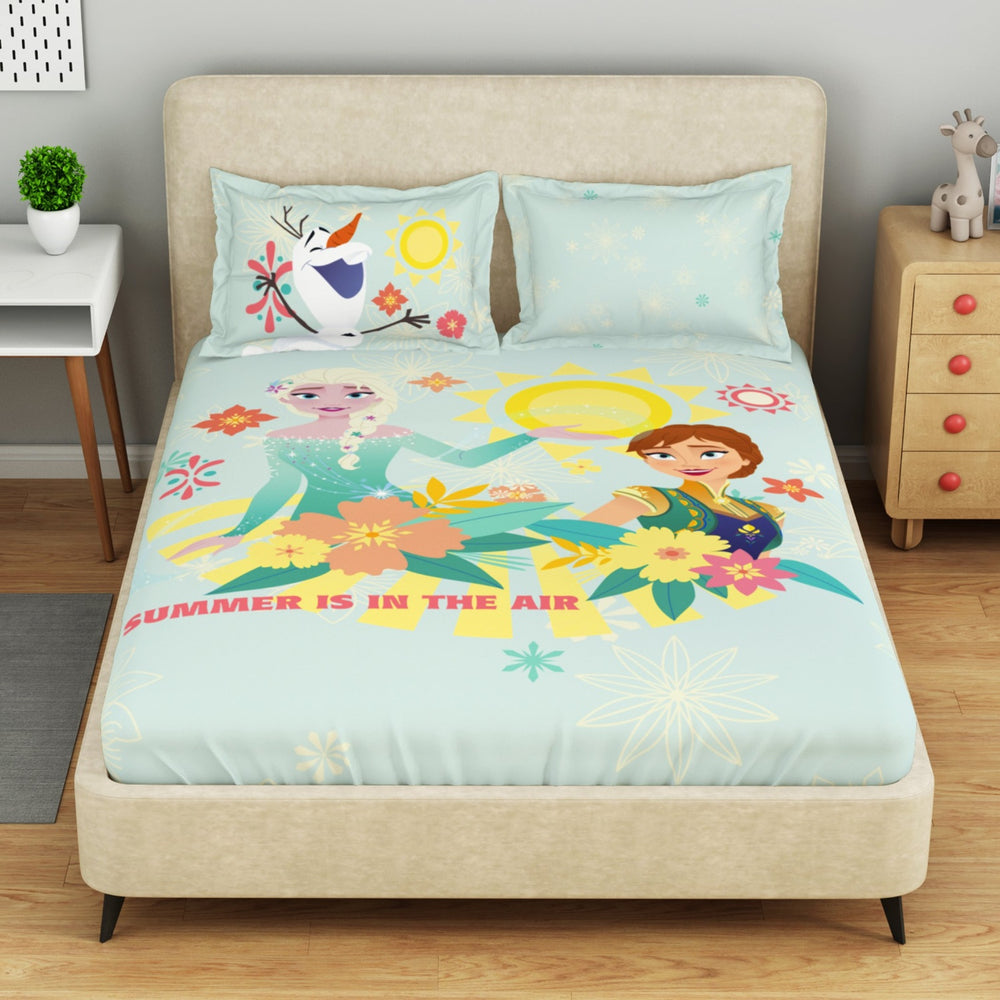 Spaces Disney Frozen 100% Cotton 132TC Large Kids Bedsheet with 2 Pillow Covers - 274 x 274 cm, Light Blue