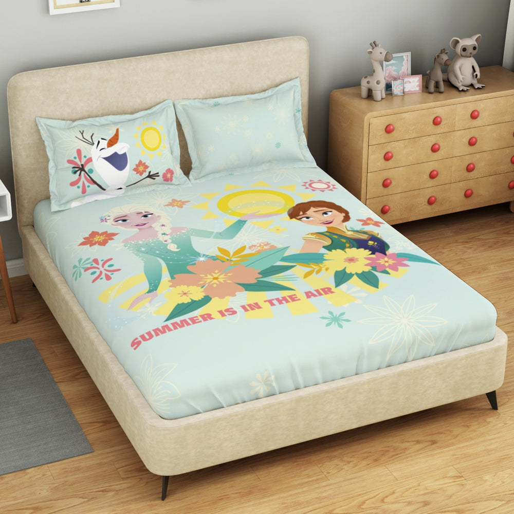 Spaces Disney Frozen 100% Cotton 132TC Large Kids Bedsheet with 2 Pillow Covers - 274 x 274 cm, Light Blue