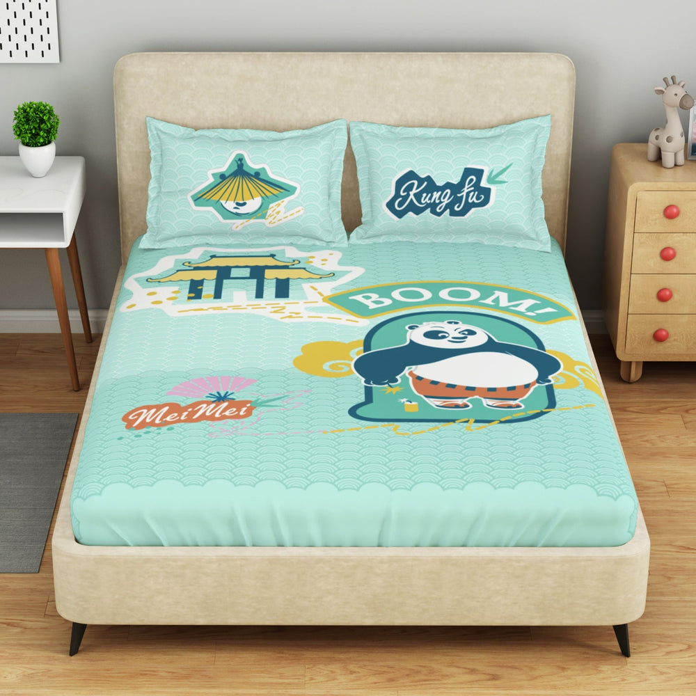 Spaces Universal Kung Fu Panda 100% Cotton 132 TC Kids Large Bedsheet with 2 Pillow Covers - 274 x 274 cm, Light Aqua