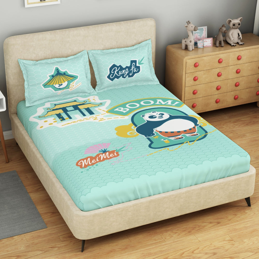 Spaces Universal Kung Fu Panda 100% Cotton 132 TC Kids Large Bedsheet with 2 Pillow Covers - 274 x 274 cm, Light Aqua