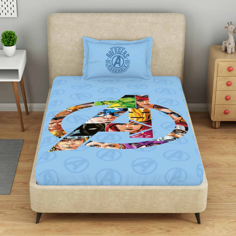 Spaces Marvel Avengers 100% Cotton 132 TC Kids Single Bedsheet with 1 Pillow Cover - 152 x 224 cm, Light Blue