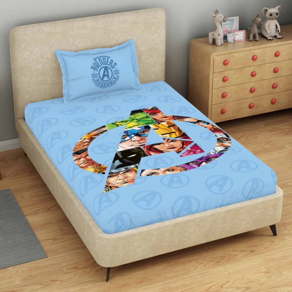 Spaces Marvel Avengers 100% Cotton 132 TC Kids Single Bedsheet with 1 Pillow Cover - 152 x 224 cm, Light Blue