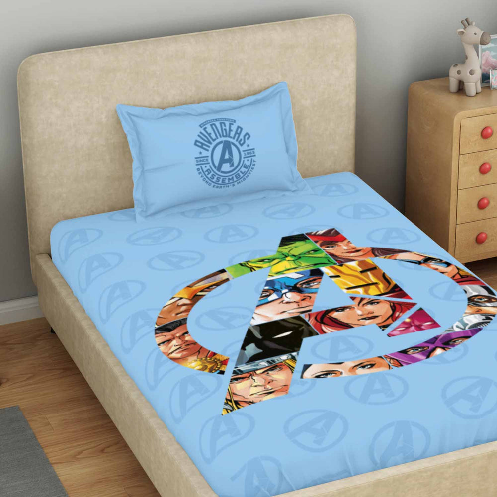 Spaces Marvel Avengers 100% Cotton 132 TC Kids Single Bedsheet with 1 Pillow Cover - 152 x 224 cm, Light Blue
