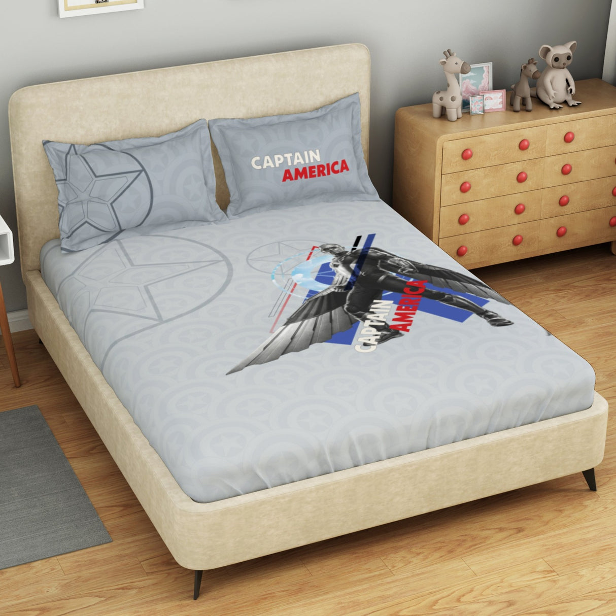 Spaces Marvel Captain America 100% Cotton 132 TC Kids Double Bedsheet with 2 Pillow Covers - 274 x 274 cm, Light Grey