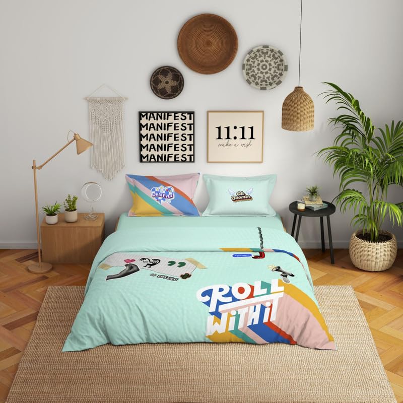 Spaces Genez 100% Cotton 180 TC Percale Character Large Bedsheet with 2 Pillow Covers - 274 x 274 cm, Light Aqua
