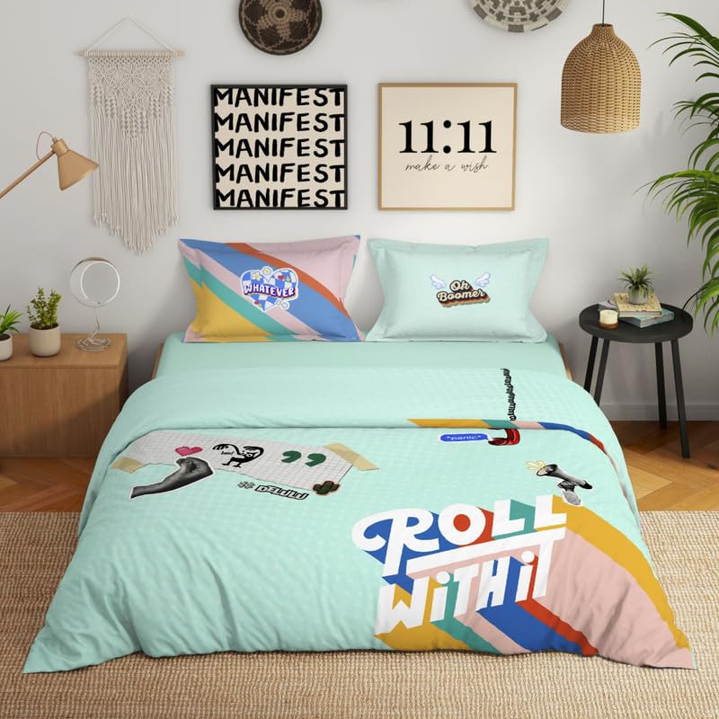 Spaces Genez 100% Cotton 180 TC Percale Character Large Bedsheet with 2 Pillow Covers - 274 x 274 cm, Light Aqua