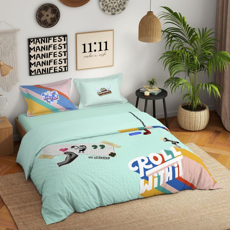 Spaces Genez 100% Cotton 180 TC Percale Character Large Bedsheet with 2 Pillow Covers - 274 x 274 cm, Light Aqua