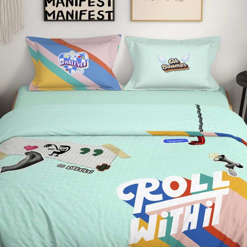 Spaces Genez 100% Cotton 180 TC Percale Character Large Bedsheet with 2 Pillow Covers - 274 x 274 cm, Light Aqua