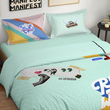 Spaces Genez 100% Cotton 180 TC Percale Character Large Bedsheet with 2 Pillow Covers - 274 x 274 cm, Light Aqua