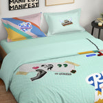 Spaces Genez 100% Cotton 180 TC Percale Character Large Bedsheet with 2 Pillow Covers - 274 x 274 cm, Light Aqua