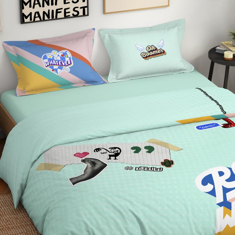 Spaces Genez 100% Cotton 180 TC Percale Character Large Bedsheet with 2 Pillow Covers - 274 x 274 cm, Light Aqua