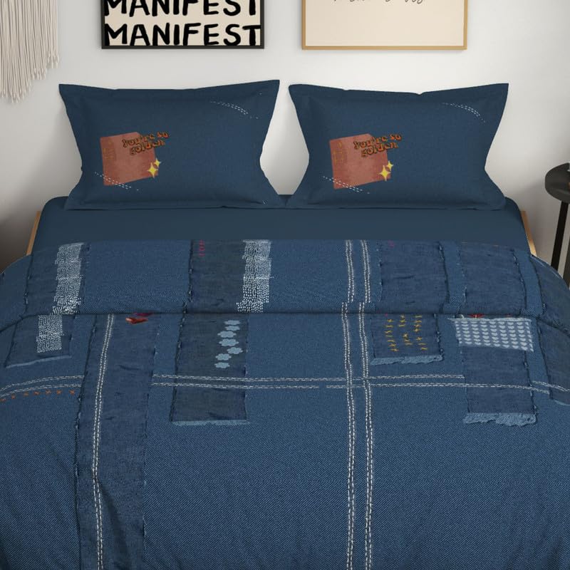 Spaces Genez 100% Cotton 180 TC Percale Character Large Bedsheet with 2 Pillow Covers - 274 x 274 cm, Light Blue