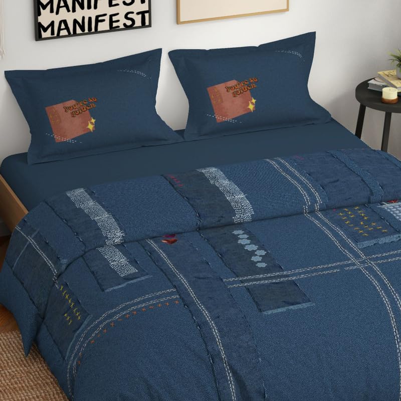 Spaces Genez 100% Cotton 180 TC Percale Character Large Bedsheet with 2 Pillow Covers - 274 x 274 cm, Light Blue