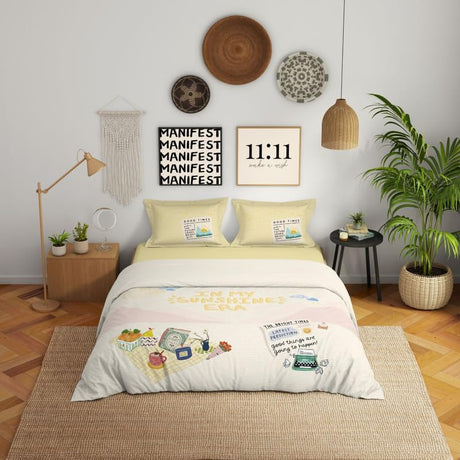 Spaces Genez 100% Cotton 180 TC Percale Character Large Bedsheet with 2 Pillow Covers - 274 x 274 cm, Cream