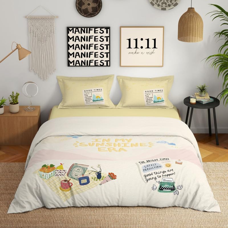 Spaces Genez 100% Cotton 180 TC Percale Character Large Bedsheet with 2 Pillow Covers - 274 x 274 cm, Cream