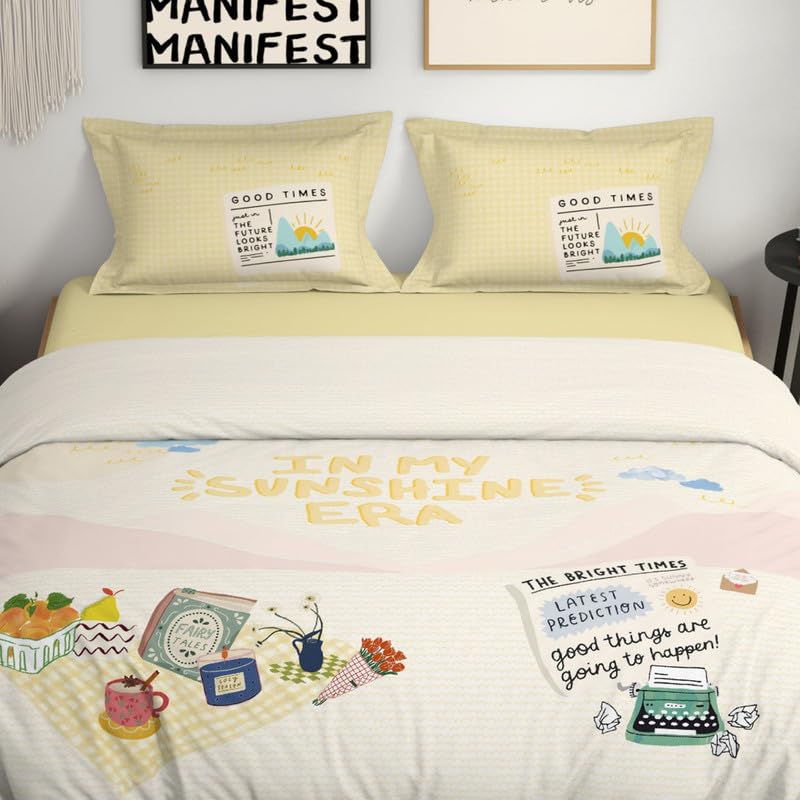 Spaces Genez 100% Cotton 180 TC Percale Character Large Bedsheet with 2 Pillow Covers - 274 x 274 cm, Cream