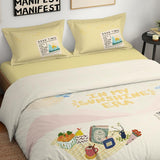 Spaces Genez 100% Cotton 180 TC Percale Character Large Bedsheet with 2 Pillow Covers - 274 x 274 cm, Cream