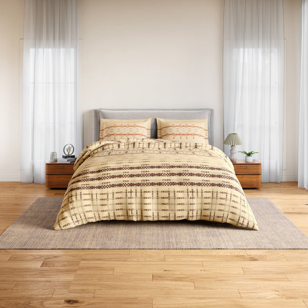 Spaces Essentials Geometric 100% Cotton 144 TC Double Bedsheet with 2 Pillow Covers - 274 x 274 cm, Beige