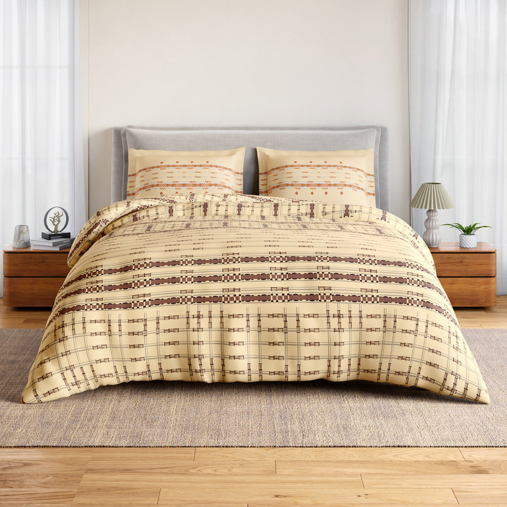 Spaces Essentials Geometric 100% Cotton 144 TC Double Bedsheet with 2 Pillow Covers - 274 x 274 cm, Beige