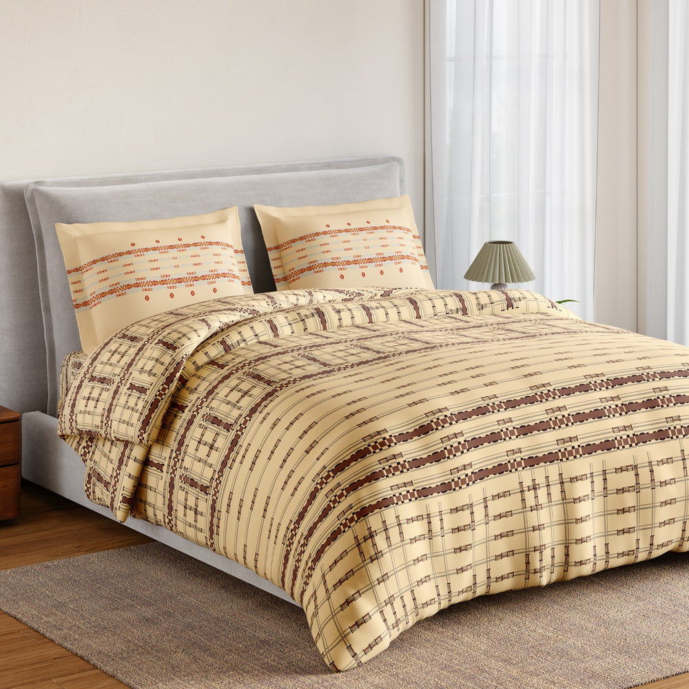 Spaces Essentials Geometric 100% Cotton 144 TC Double Bedsheet with 2 Pillow Covers - 274 x 274 cm, Beige