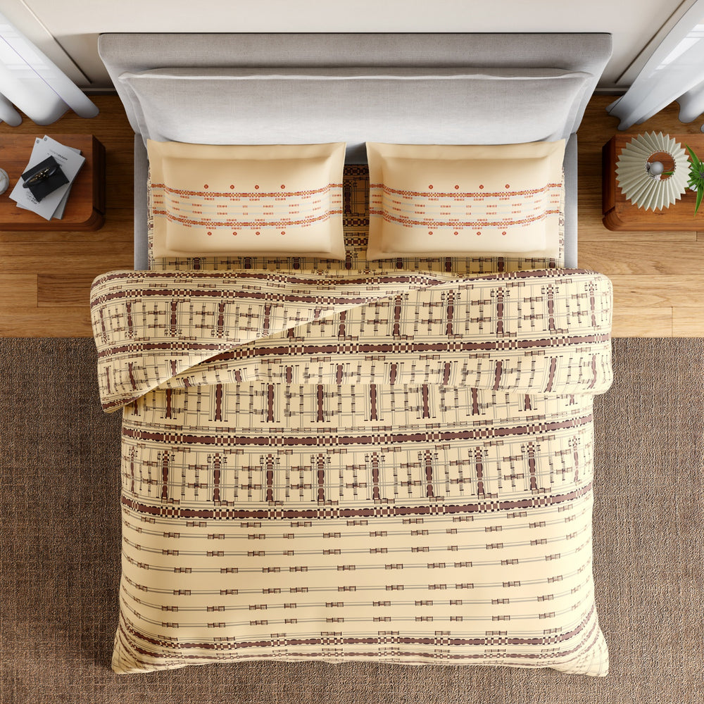 Spaces Essentials Geometric 100% Cotton 144 TC Double Bedsheet with 2 Pillow Covers - 274 x 274 cm, Beige