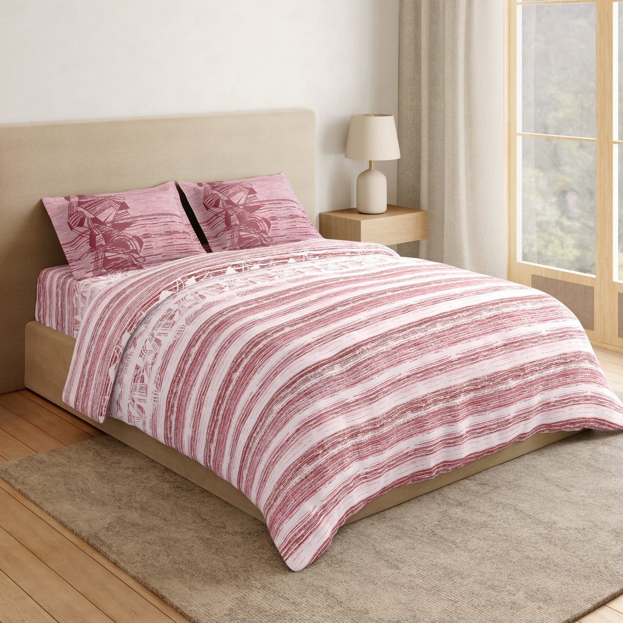 Spaces Essentials Geometric 100% Cotton 180 TC Double Bedsheet with 2 Pillow Covers - 274 x 274 cm, Light Pink