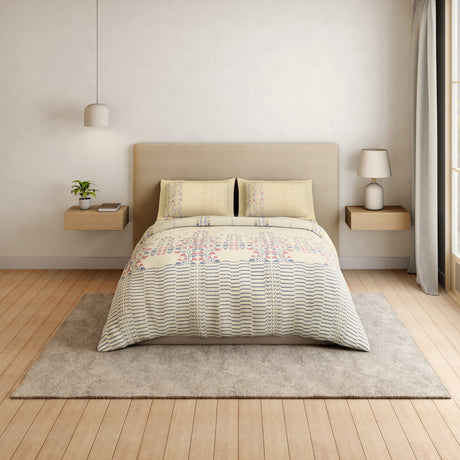 Spaces Essentials Floral 100% Cotton 180 TC Double Bedsheet with 2 Pillow Covers - 274 x 274 cm, Cream