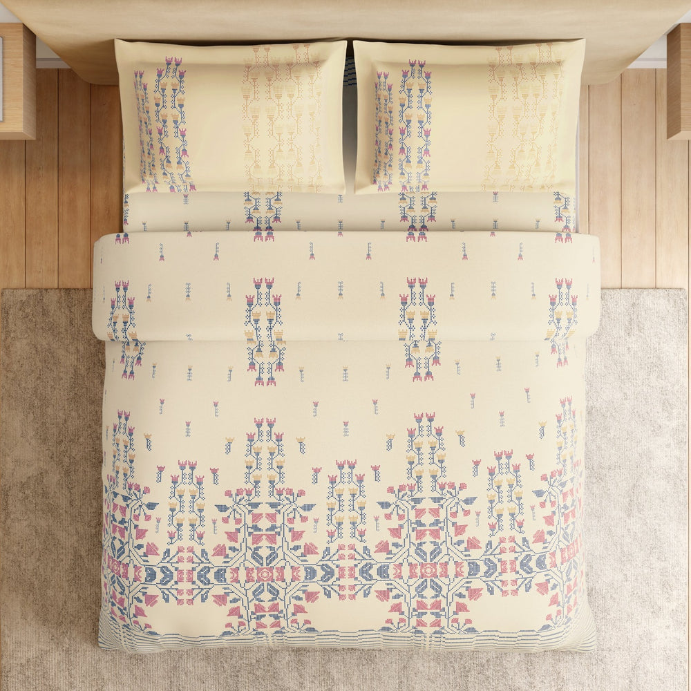 Spaces Essentials Floral 100% Cotton 180 TC Double Bedsheet with 2 Pillow Covers - 274 x 274 cm, Cream