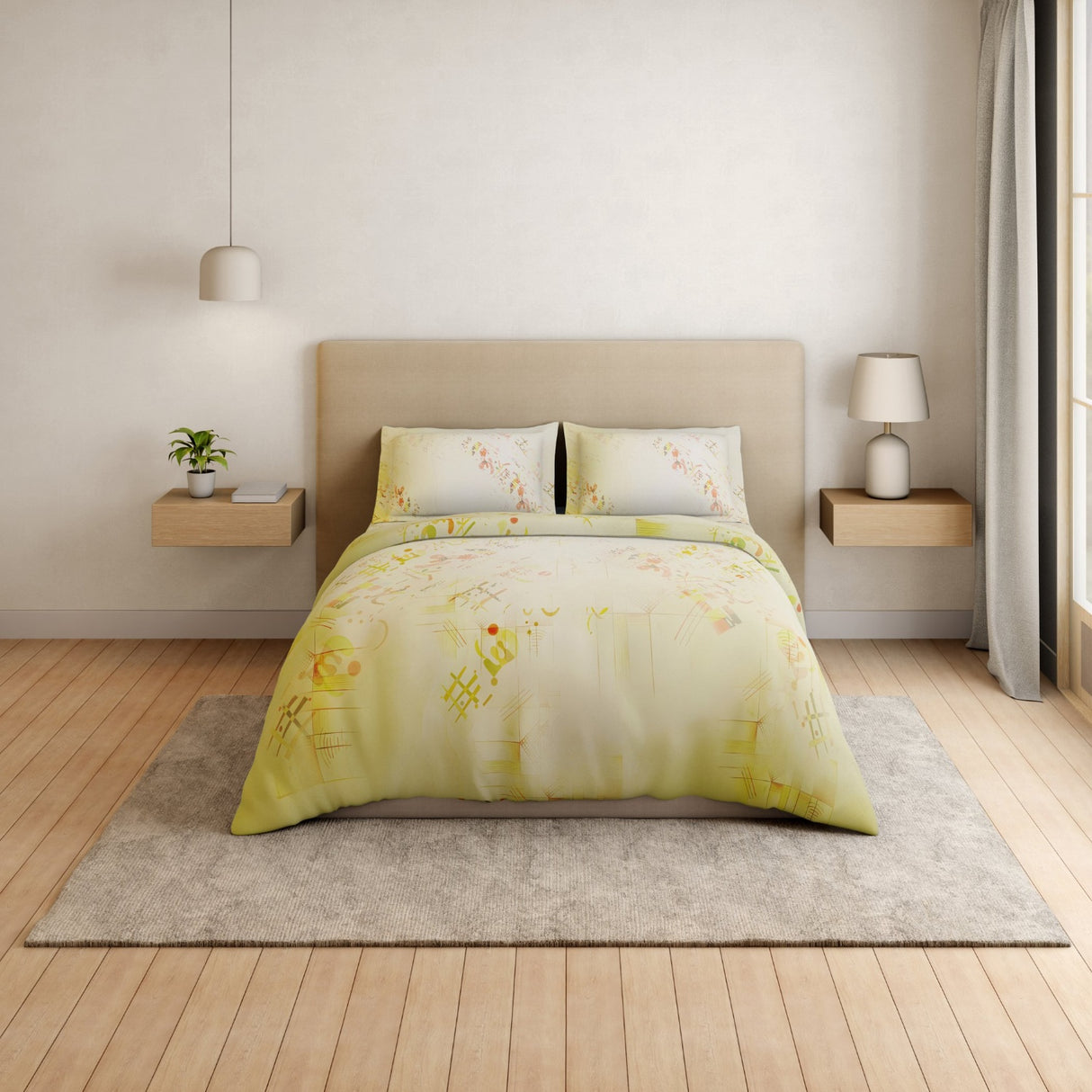 Spaces Essentials Geometric 100% Cotton 132 TC Double Bedsheet with 2 Pillow Covers - 274 x 274 cm, Light Green