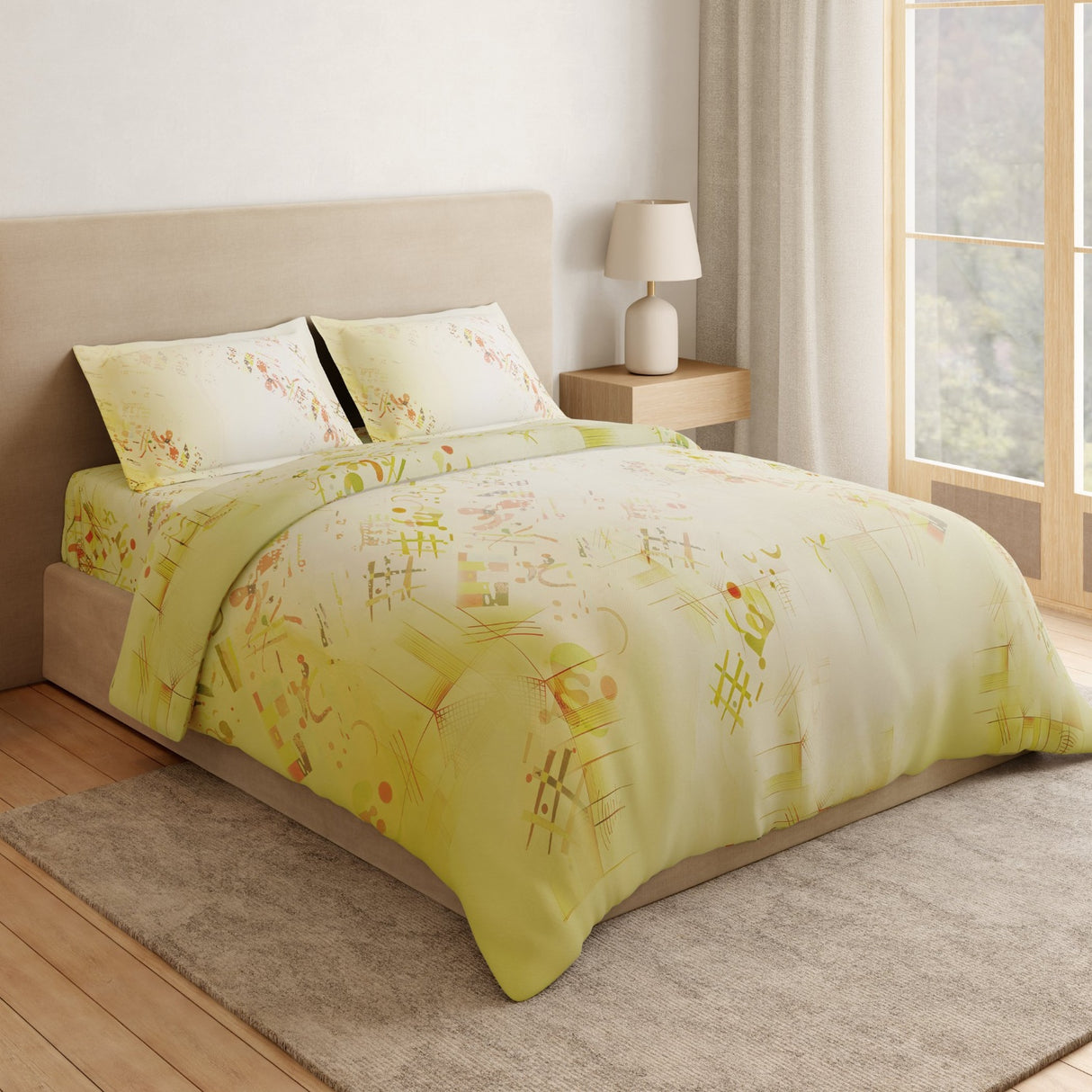 Spaces Essentials Geometric 100% Cotton 132 TC Double Bedsheet with 2 Pillow Covers - 274 x 274 cm, Light Green