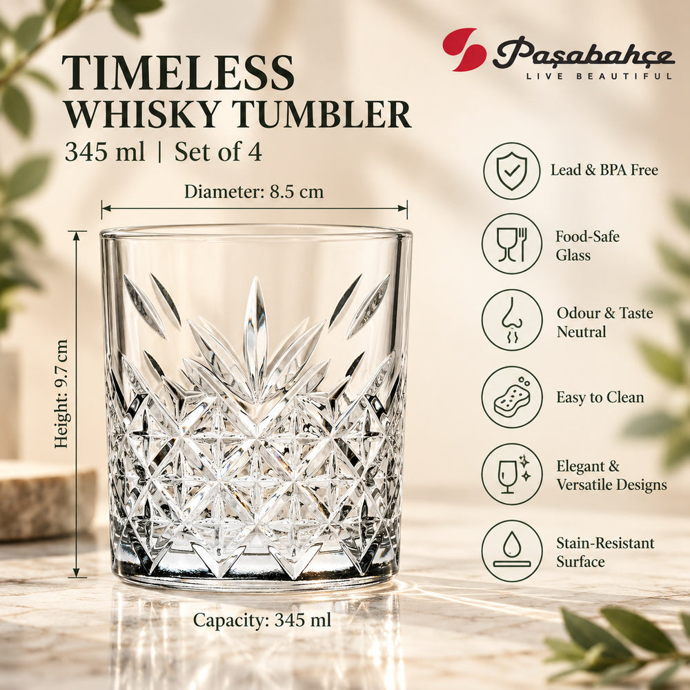 Pasabahce Timeless Whisky Tumbler Glass Set of 4 -  345 ml, Transparent