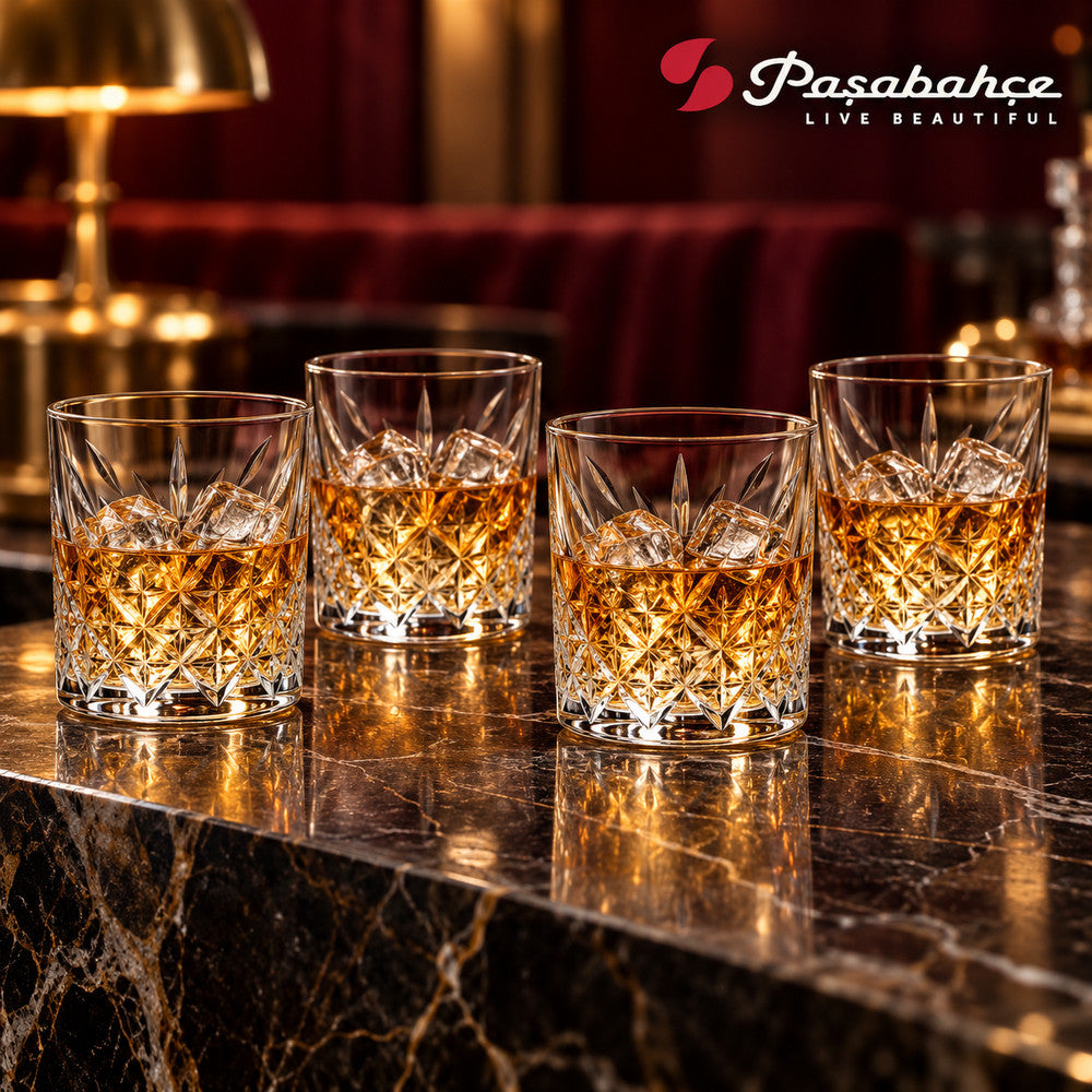 Pasabahce Timeless Whisky Tumbler Glass Set of 4 -  345 ml, Transparent