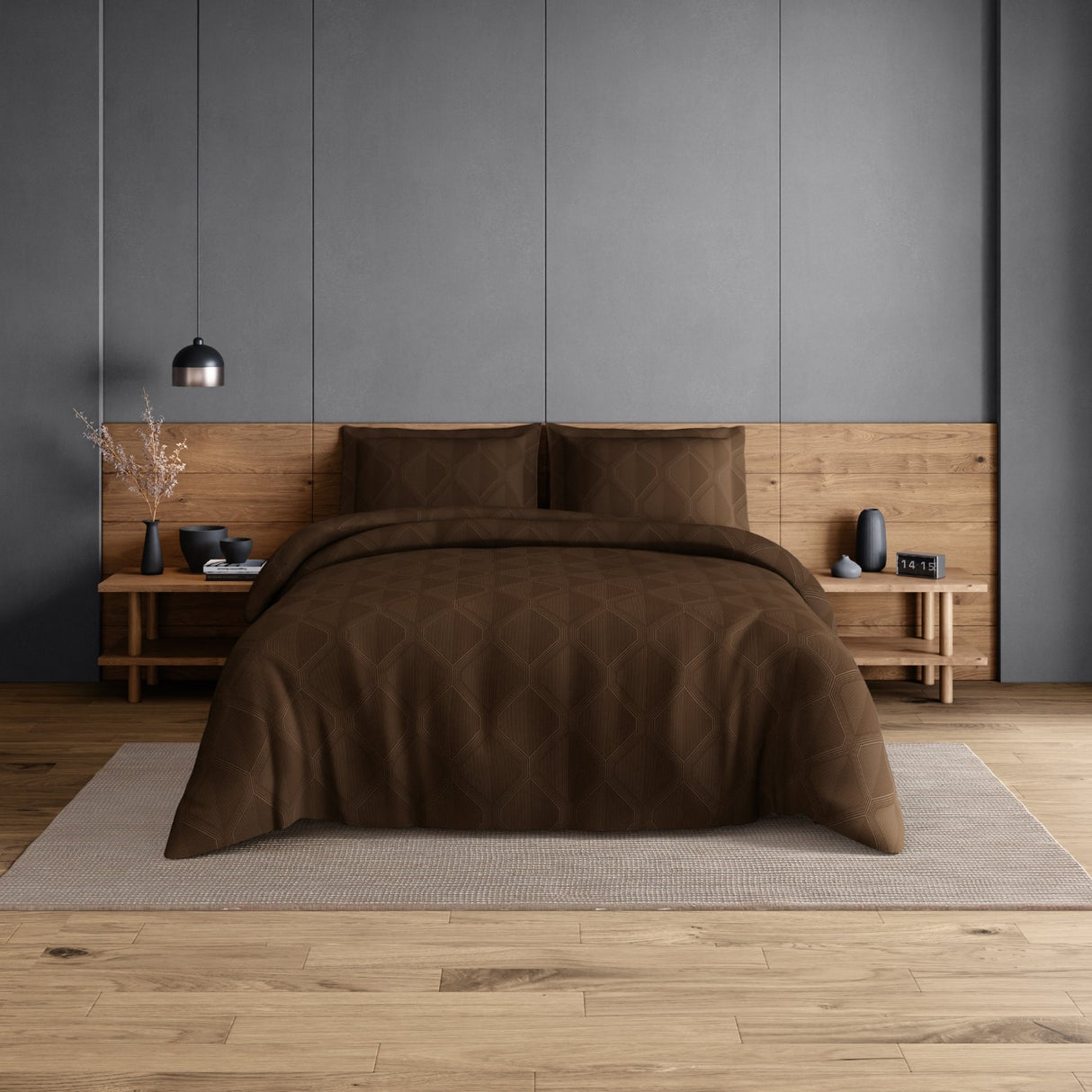 Spaces Elegance Selora Geometric 100% Cotton 300 TC Double Bedsheet with 2 Pillow Covers - 274 x 274 cm, Dark Brown