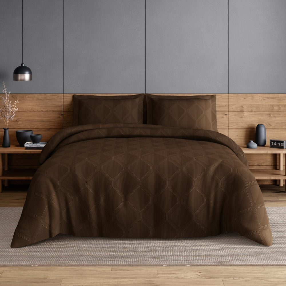 Spaces Elegance Selora Geometric 100% Cotton 300 TC Double Bedsheet with 2 Pillow Covers - 274 x 274 cm, Dark Brown