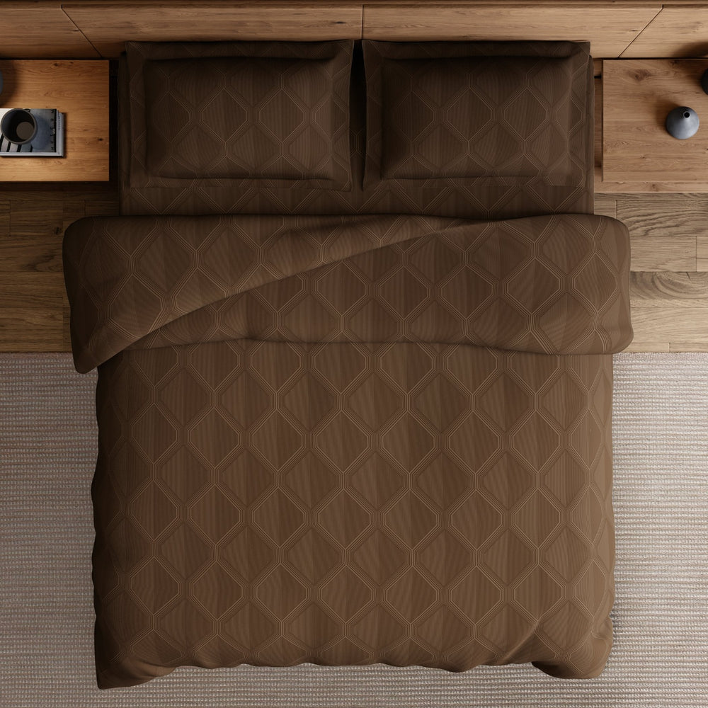 Spaces Elegance Selora Geometric 100% Cotton 300 TC Double Bedsheet with 2 Pillow Covers - 274 x 274 cm, Dark Brown