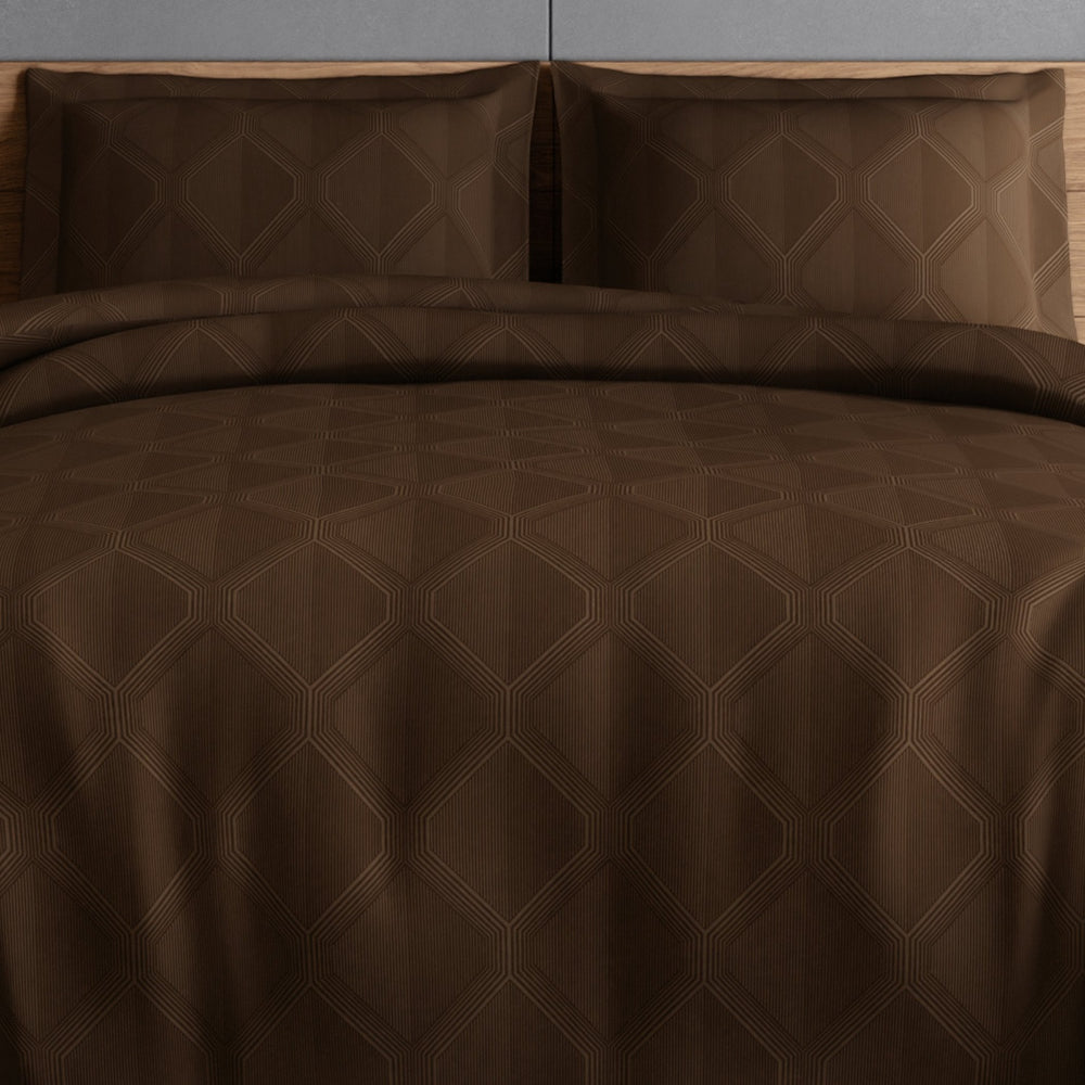 Spaces Elegance Selora Geometric 100% Cotton 300 TC Double Bedsheet with 2 Pillow Covers - 274 x 274 cm, Dark Brown