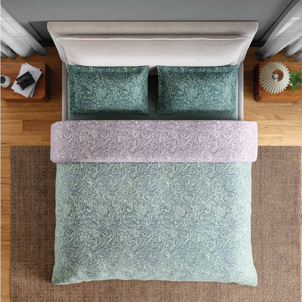 Spaces Fiora 100% Cotton 144 TC Percale Fioral Large Bedsheet with 2 Pillow Covers - 274 x 274 cm, Light Green