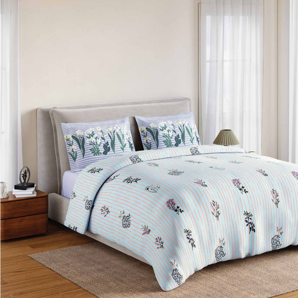 Spaces Fiora 100% Cotton 144 TC Percale Fioral Large Bedsheet with 2 Pillow Covers - 274 x 274 cm, Light Blue