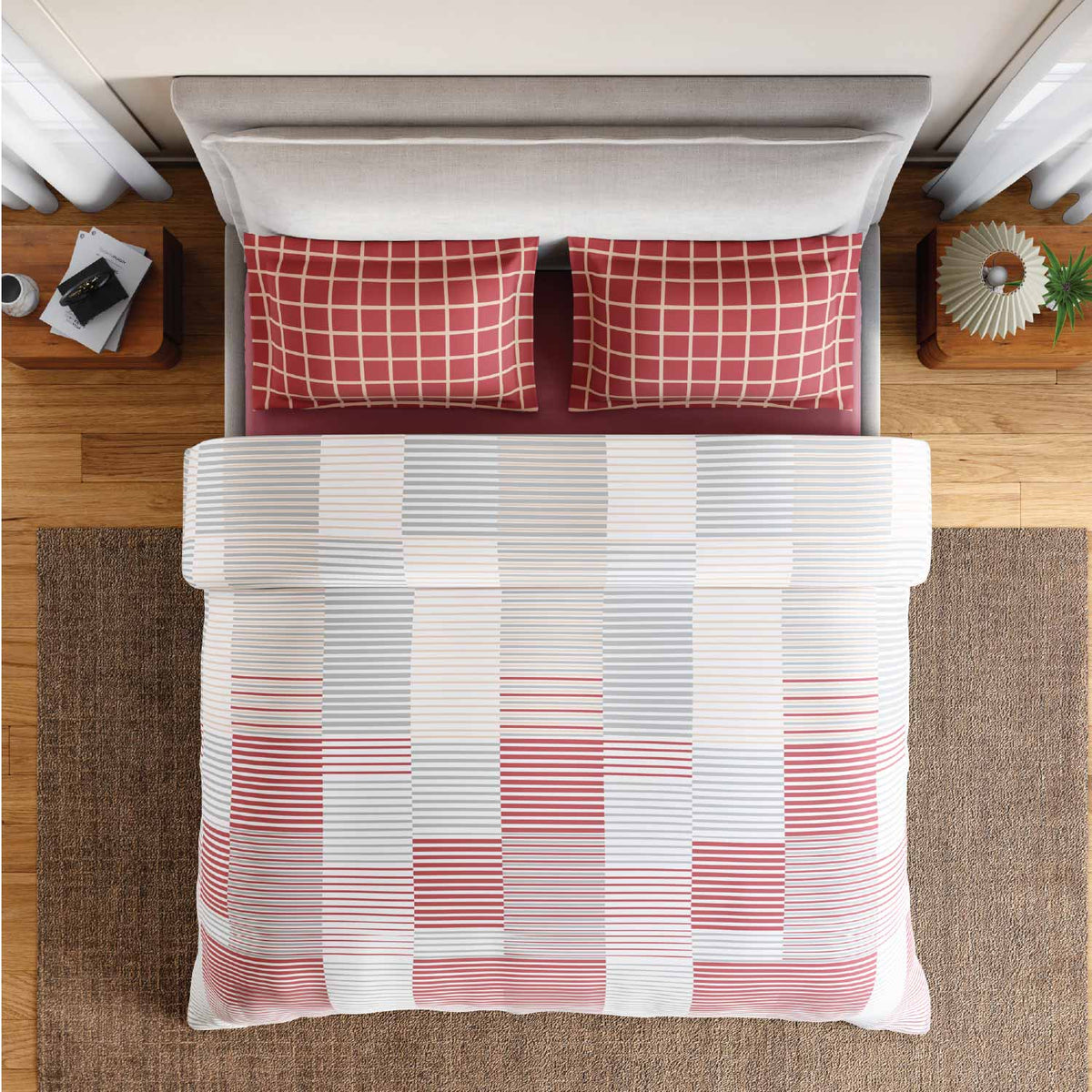 Spaces Fiora 100% Cotton 144 TC Percale Geometric Large Bedsheet with 2 Pillow Covers - 274 x 274 cm, Dark Pink