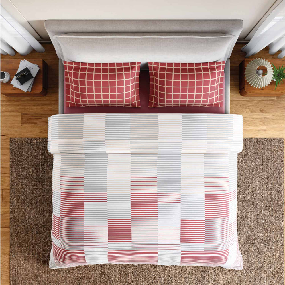 Spaces Fiora 100% Cotton 144 TC Percale Geometric Large Bedsheet with 2 Pillow Covers - 274 x 274 cm, Dark Pink