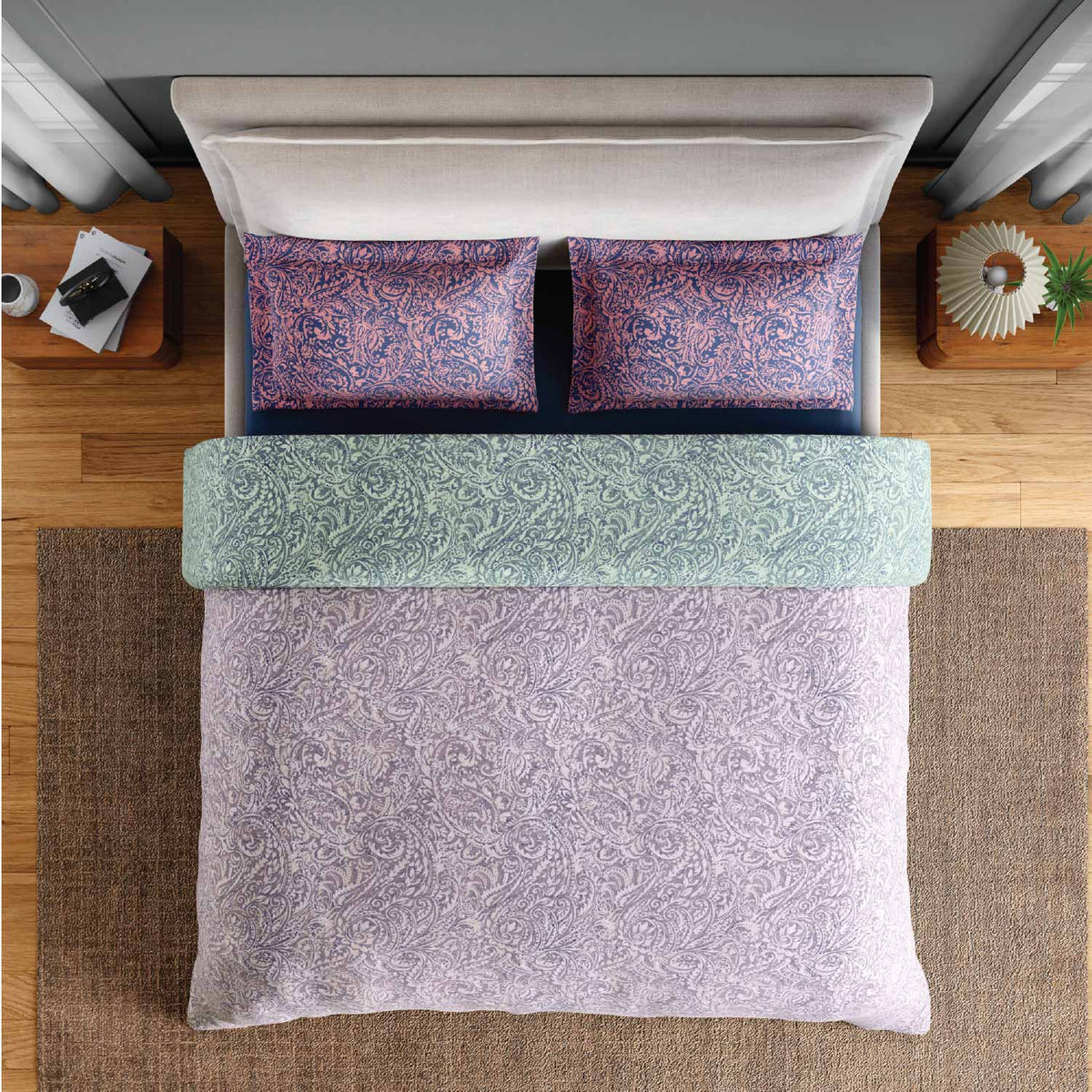 Spaces Fiora 100% Cotton 144 TC Percale Fioral Large Bedsheet with 2 Pillow Covers - 274 x 274 cm, Light Violet