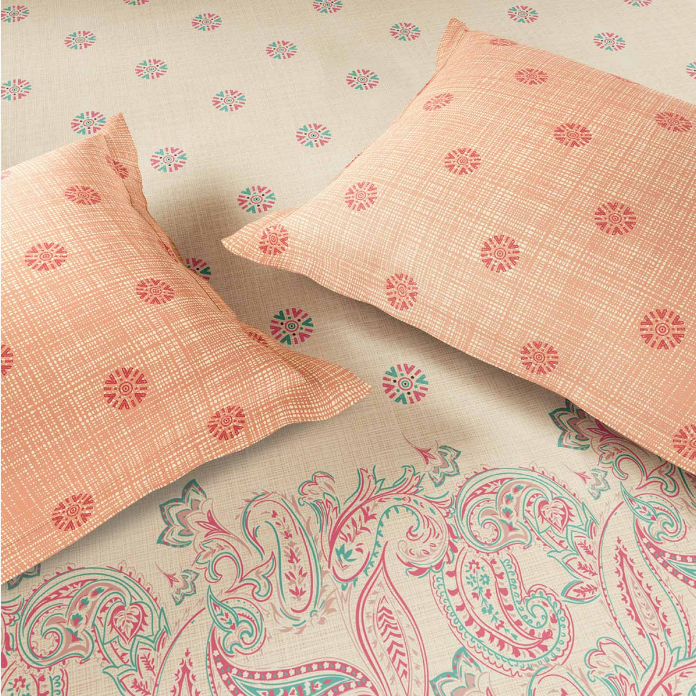 Spaces Fiora 100% Cotton 144 TC Percale Ornate Large Bedsheet with 2 Pillow Covers - 274 x 274 cm, Light Yellow