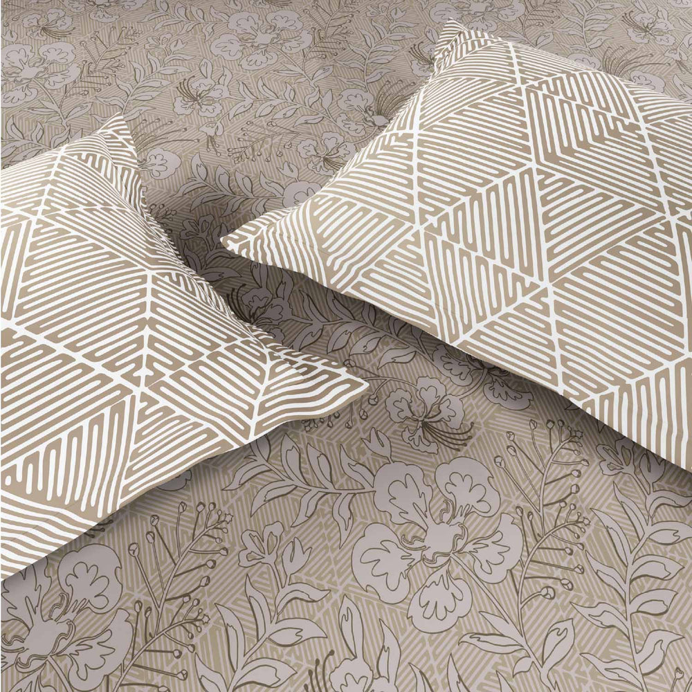 Spaces Fiora 100% Cotton 144 TC Percale Fioral Large Bedsheet with 2 Pillow Covers - 274 x 274 cm, Beige
