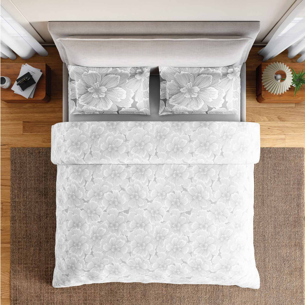 Spaces Fiora 100% Cotton 144 TC Percale Fioral Large Bedsheet with 2 Pillow Covers - 274 x 274 cm, Light Grey