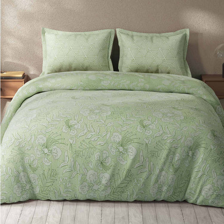 Spaces Fiora 100% Cotton 144 TC Percale Fioral Large Bedsheet with 2 Pillow Covers - 274 x 274 cm, Light Green